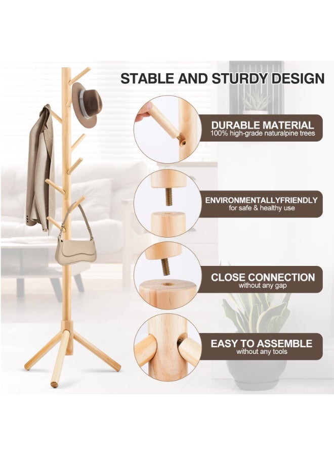 Bukela Coat Rack Sturdy Wooden Coat Rack Stand, Adjustable Coat Tree, Free Standing Tree Hanger with 4 Sections & 8 Hooks, for Home/Bedroom/Office/Hallway/Entryway - Image 3