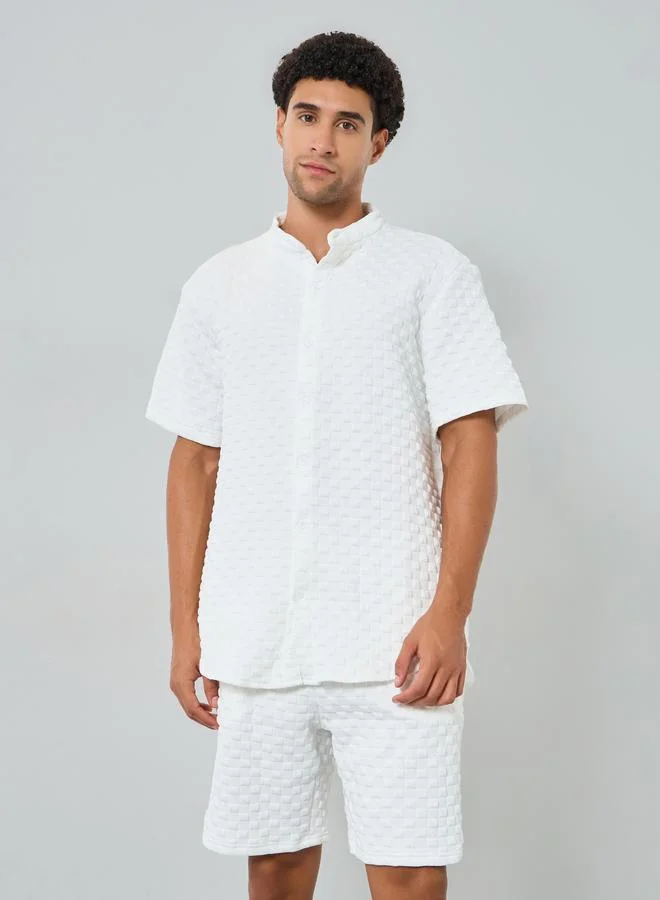 تايك تو Men Textured Stand Collar Shirt and Shorts Co-Ords