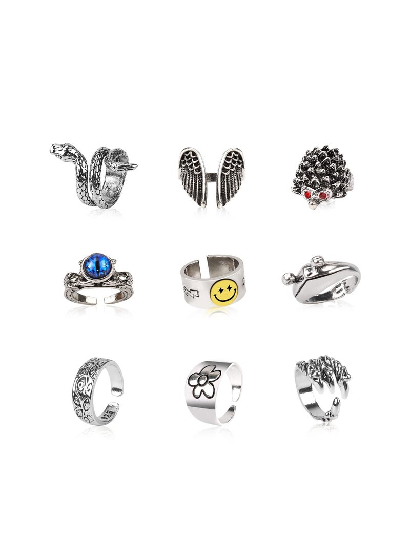 سيوسي طقم خواتم مطلية بالفضة على شكل حيوان لطيف حزمة مفتوحة عتيقة من القوطي الهبي المطابق والأنيق على شكل ثعبان عناق وجه محظوظ للأزواج هدية للنساء والرجال والبنات 9 قطع - Image 1