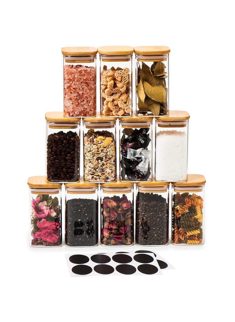 EZOWare EZOWARE 9.5 oz Glass Jar Bottle, 12 Pc Square Air Tight Canister Storage Containers with Natural Bamboo Lids and Chalkboard Labels for Kitchen Spices, Bathroom, Home Decor, Party Favors  - Image 1