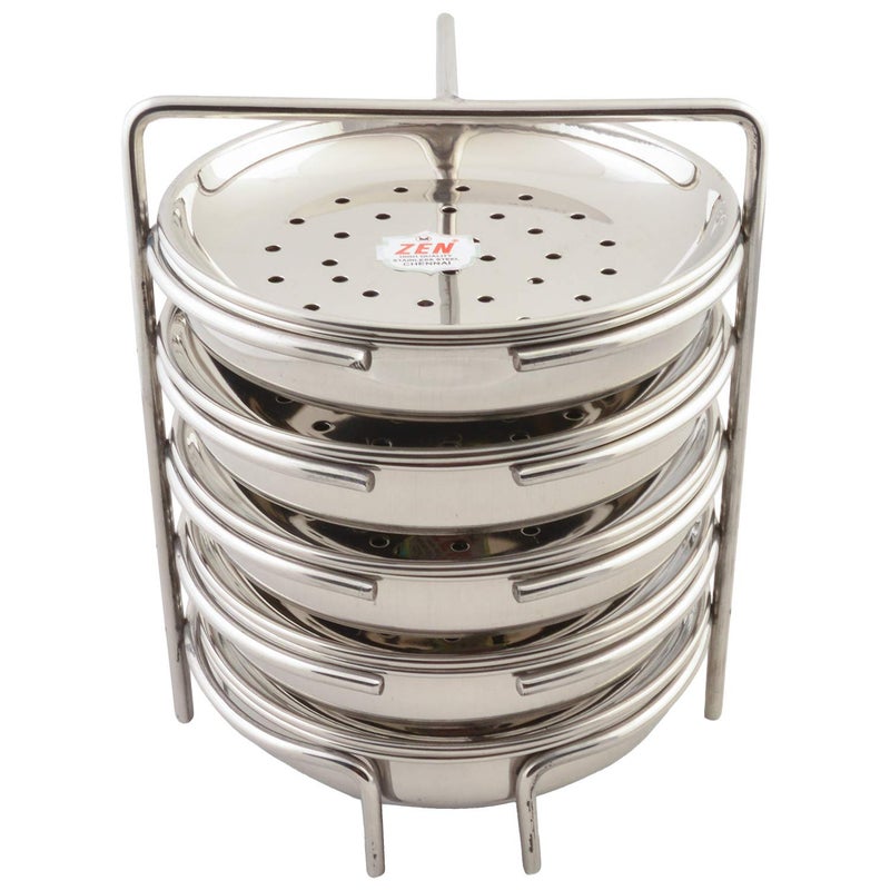 JAIN Stainless Steel 2in1 Thatte Idly Plate | Dhokla Maker & Idiappam Stand - 10 Plates Thatte Idli Plate with Stand & Momos Steamer Stand (5 Thattu Idly Plates, 5 Idiappam Stand, 1 Stand) - Image 1