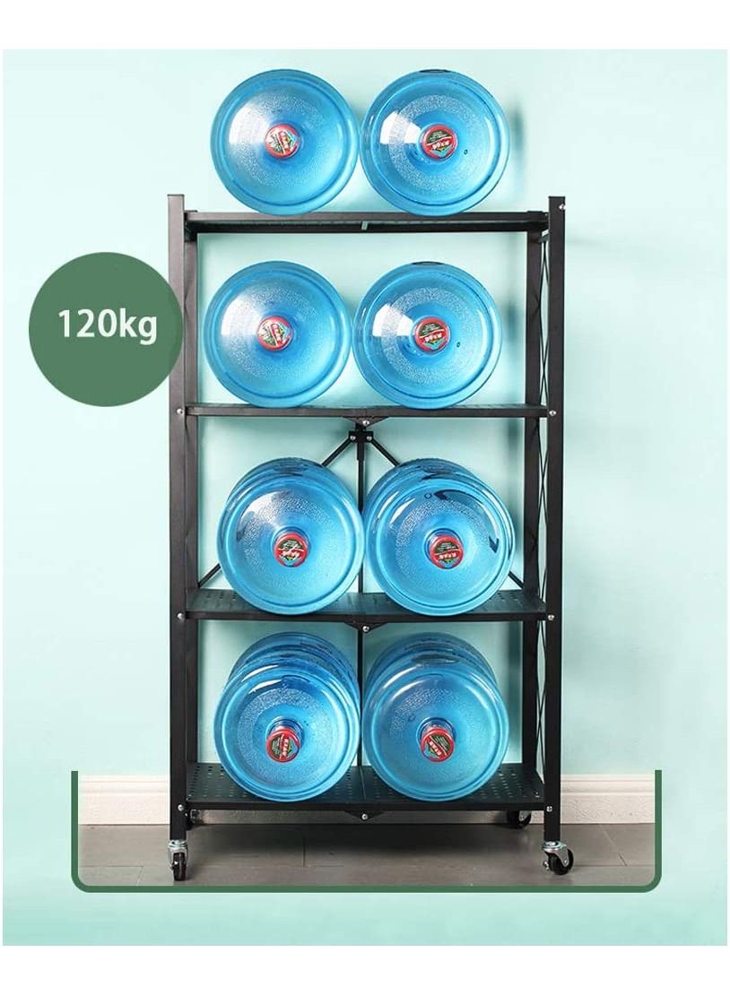 4 Tier Folding Storage Shelving Unit Metal Storage Rack with Wheels Metal Garage Storage Display Rack Kitchen Laundry Cabinet Black 4 Tier Rack