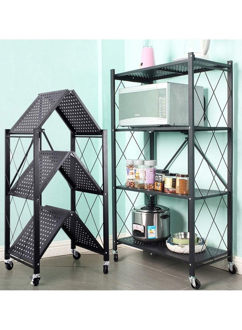 DubaiGallery 4 Tier Folding Storage Shelving Unit Metal Storage Rack with Wheels Metal Garage Storage Display Rack Kitchen Laundry Cabinet Black 4 Tier Rack - Image 2