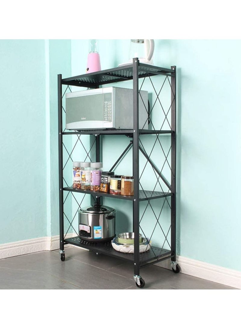 DubaiGallery 4 Tier Folding Storage Shelving Unit Metal Storage Rack with Wheels Metal Garage Storage Display Rack Kitchen Laundry Cabinet Black 4 Tier Rack - Image 3