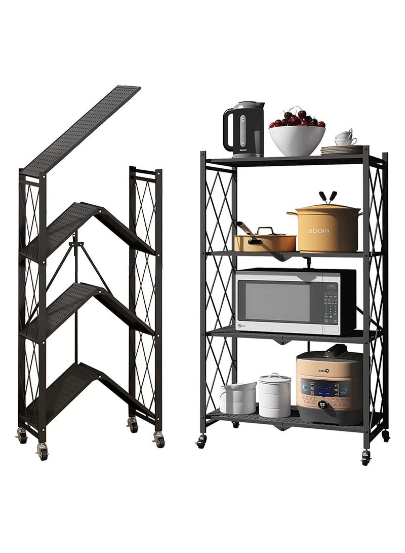 DubaiGallery 4 Tier Folding Storage Shelving Unit Metal Storage Rack with Wheels Metal Garage Storage Display Rack Kitchen Laundry Cabinet Black 4 Tier Rack - Image 5
