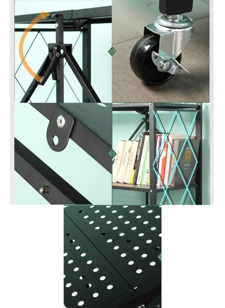 DubaiGallery 4 Tier Folding Storage Shelving Unit Metal Storage Rack with Wheels Metal Garage Storage Display Rack Kitchen Laundry Cabinet Black 4 Tier Rack - Image 4