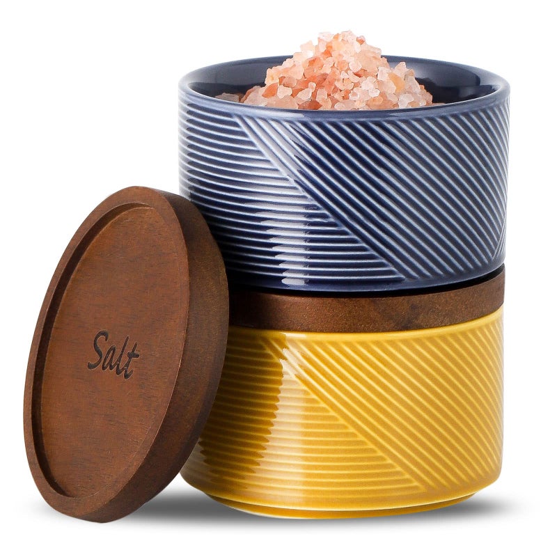 Adewnest Ceramic Salt and Pepper Bowl Set of 2  10 oz Capacity  Country Style  Stackable  Dishwasher Safe  Includes Wooden Lid