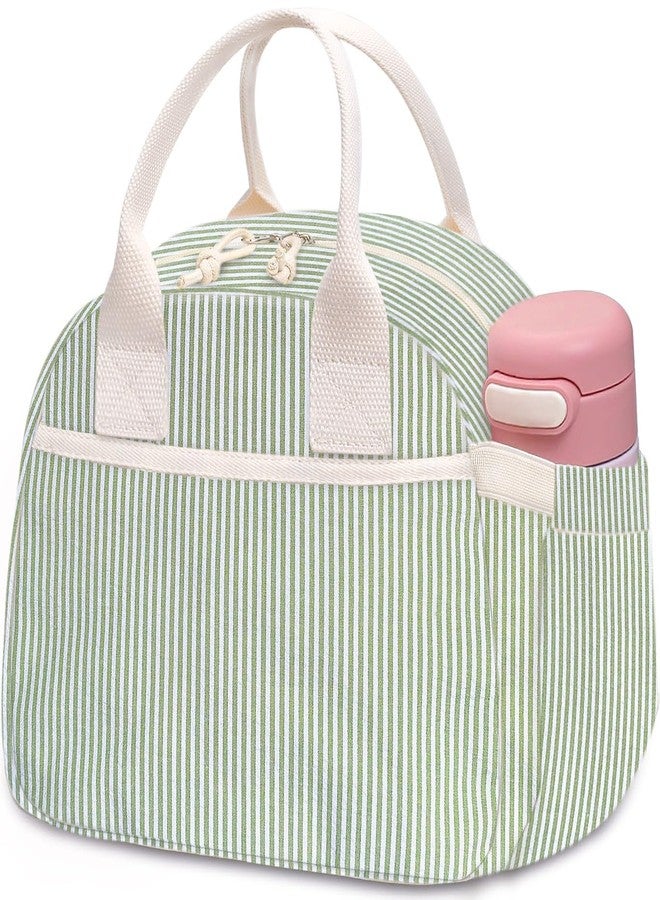 Carry bloom حقيبة غداء Carry bloom للنساء، حقيبة غداء معزولة، حقيبة غداء مخملية لطيفة، حقيبة غداء قابلة لإعادة الاستخدام للعمل (1 مخطط باللونين الأخضر والأبيض) - Image 1
