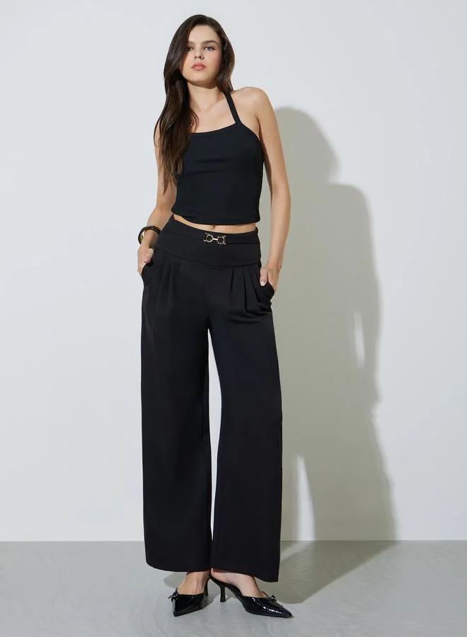 تايك تو Black Wide Leg Trousers With Buckle Detail
