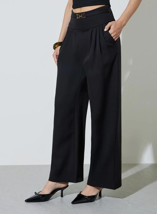 تايك تو Black Wide Leg Trousers With Buckle Detail