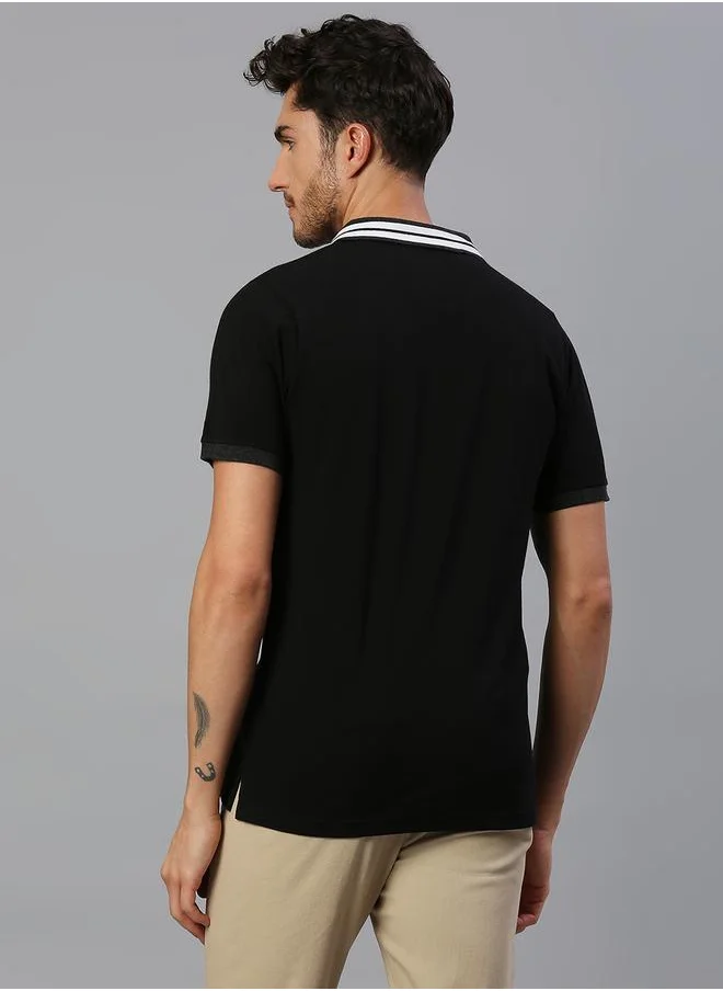 دينيس لينغو Black Regular Fit T-shirt for Men - Cotton, Solid, Polo Collar, Polo Neck, Half Sleeves, Knitted, Casual,