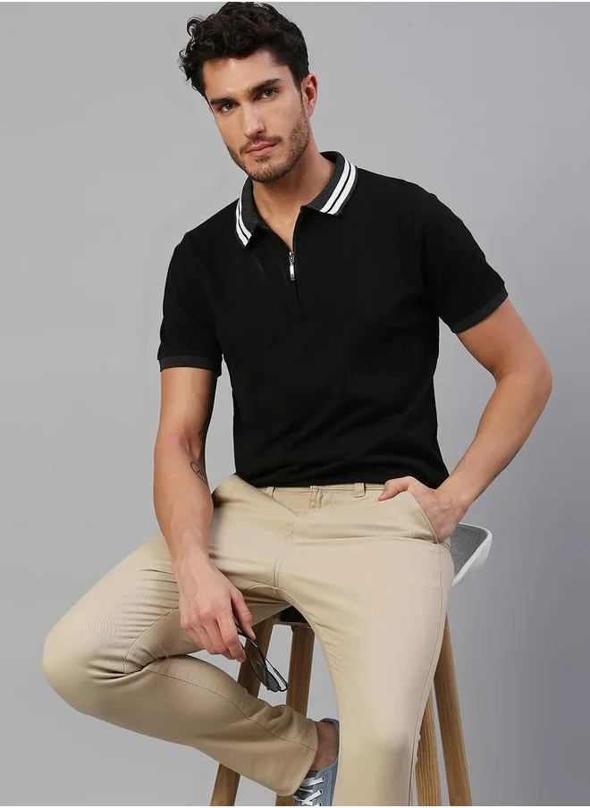 دينيس لينغو Black Regular Fit T-shirt for Men - Cotton, Solid, Polo Collar, Polo Neck, Half Sleeves, Knitted, Casual,