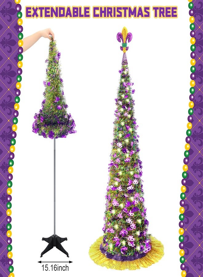 PullCrease 4 Pcs 5 ft Pop up Mardi Gras Tinsel Tree with Light Collapsible Artificial Tree with Sequin Skirt Topper for Mardi Gras Holiday Indoor Outdoor Carnival Party Decor - Image 4