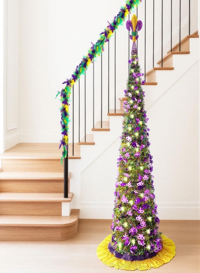 PullCrease 4 Pcs 5 ft Pop up Mardi Gras Tinsel Tree with Light Collapsible Artificial Tree with Sequin Skirt Topper for Mardi Gras Holiday Indoor Outdoor Carnival Party Decor - Image 5