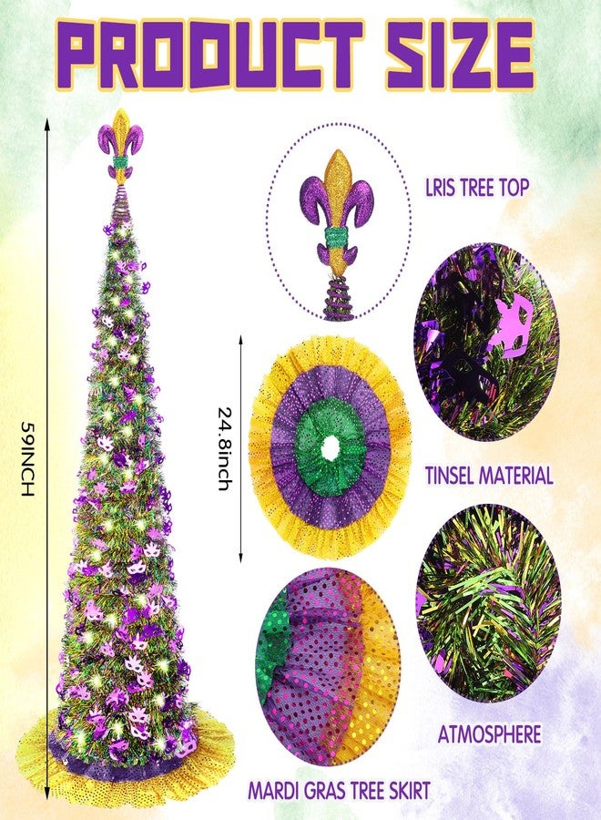PullCrease 4 Pcs 5 ft Pop up Mardi Gras Tinsel Tree with Light Collapsible Artificial Tree with Sequin Skirt Topper for Mardi Gras Holiday Indoor Outdoor Carnival Party Decor - Image 2