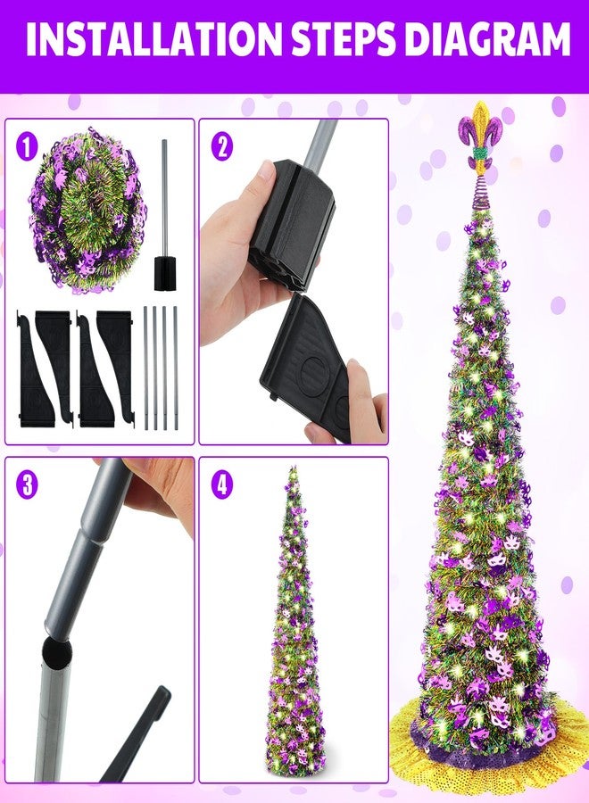 PullCrease 4 Pcs 5 ft Pop up Mardi Gras Tinsel Tree with Light Collapsible Artificial Tree with Sequin Skirt Topper for Mardi Gras Holiday Indoor Outdoor Carnival Party Decor - Image 3