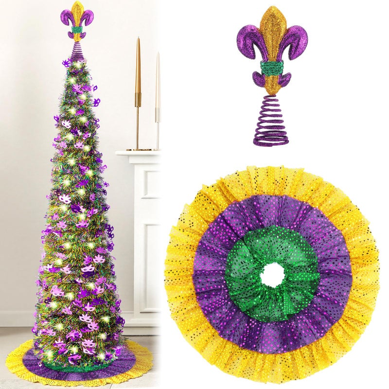 PullCrease 4 Pcs 5 ft Pop up Mardi Gras Tinsel Tree with Light Collapsible Artificial Tree with Sequin Skirt Topper for Mardi Gras Holiday Indoor Outdoor Carnival Party Decor - Image 1