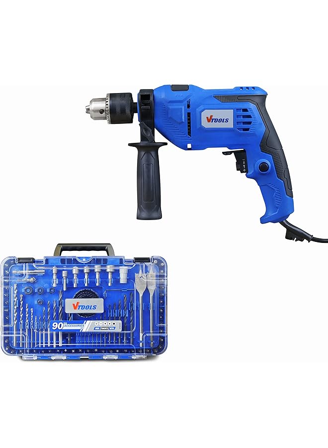 VTOOLS 650 Watt Impact Drill With 5 Piece Concrete Drill Bit Set Multi Function Hammer And Drill 360°Rotating Side Handle Guide Ruler And Variable Speed Blue - Image 2