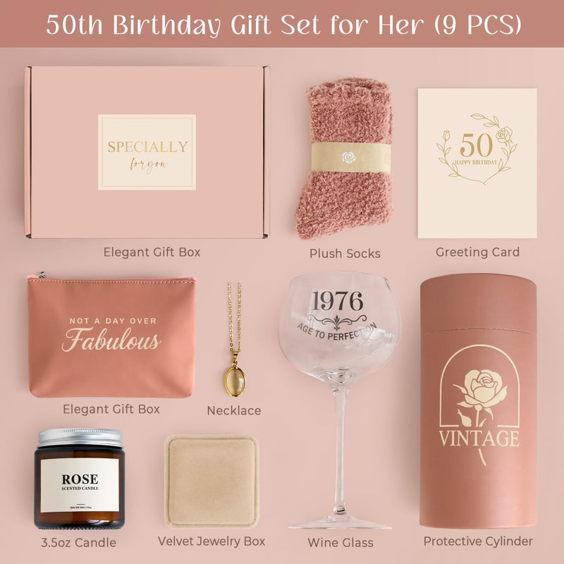 Mirasphere 50th Birthday Gifts for Her - 50th Birthday Gifts for Women Unique 50 th Birthday Gift Ideas with Vintage 1976 Wine Glass Cool Gifts for 50 Year Old Woman Happy 50th Birthday for Sister, Friends, Mom - Image 2