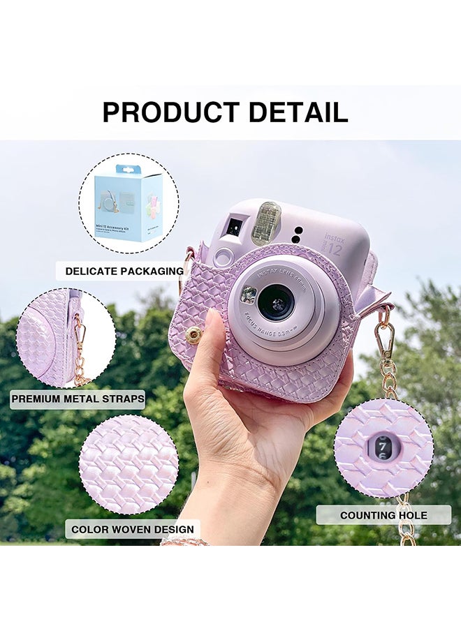 O Ozone Camera Case for Fujifilm Instax Mini 12 Instant Camera, PU Leather Glitter Woven Camera Bag with Shoulder Strap & 64 Pockets Mini Photo Album- Purple  - Image 2