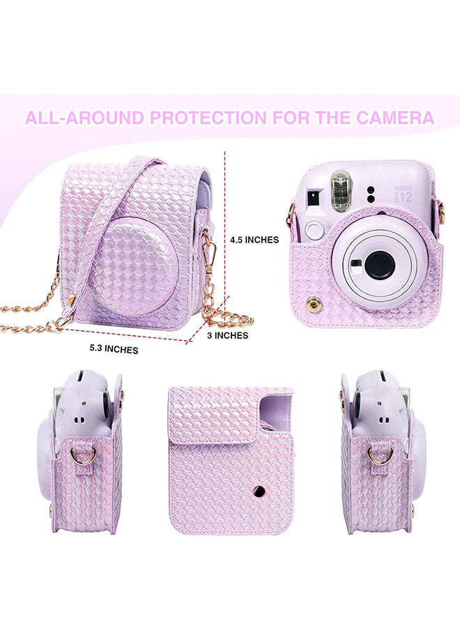 O Ozone Camera Case for Fujifilm Instax Mini 12 Instant Camera, PU Leather Glitter Woven Camera Bag with Shoulder Strap & 64 Pockets Mini Photo Album- Purple  - Image 3