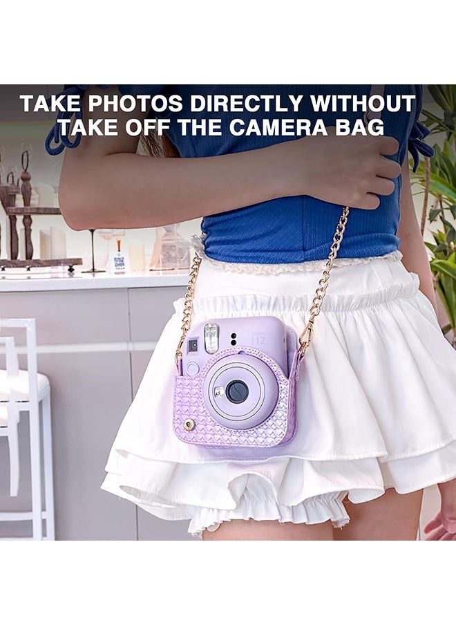 O Ozone Camera Case for Fujifilm Instax Mini 12 Instant Camera, PU Leather Glitter Woven Camera Bag with Shoulder Strap & 64 Pockets Mini Photo Album- Purple  - Image 5