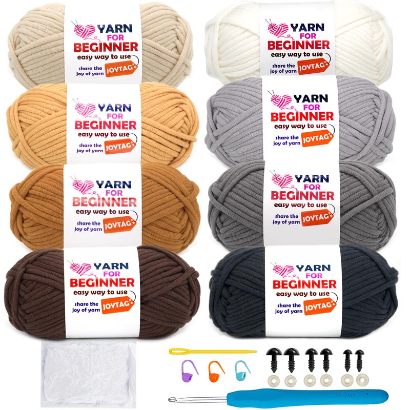 JOYTAG 8 Pack Cotton Crochet Yarn - Beige Khaki Brown Mix for Knitting with Easy-to-See Stitches - Crochet Kit (8x50g) - Image 1