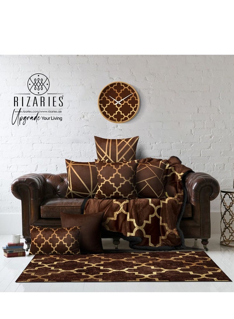 RIZARIES Brown Gold Bundle of 9 (6 covers with fillings, 1 Wall Clock, 1 Rug 5.25x7.22ft, 1 Sofa Throw) - Image 1