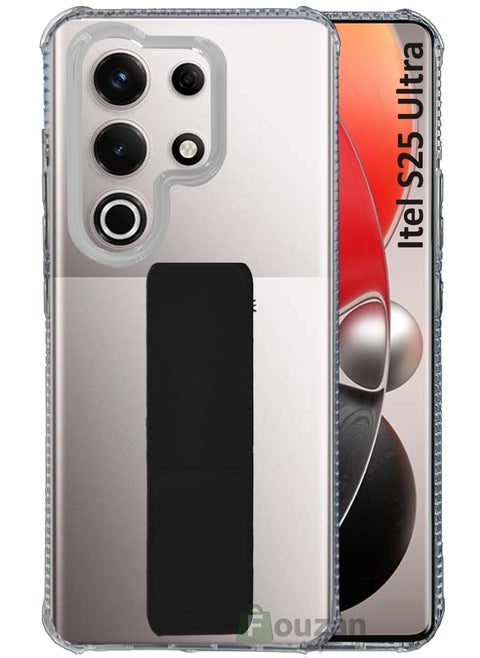 For Itel S25 Ultra - Transparent Shock Proof Silicone- Magnetic Case With Hand Grip Holder & Kickstand -Clear/Black