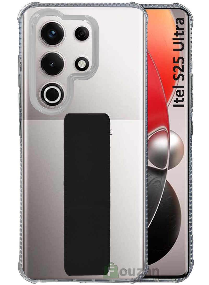 For Itel S25 Ultra - Transparent Shock Proof Silicone- Magnetic Case With Hand Grip Holder & Kickstand -Clear/Black  - Image 1