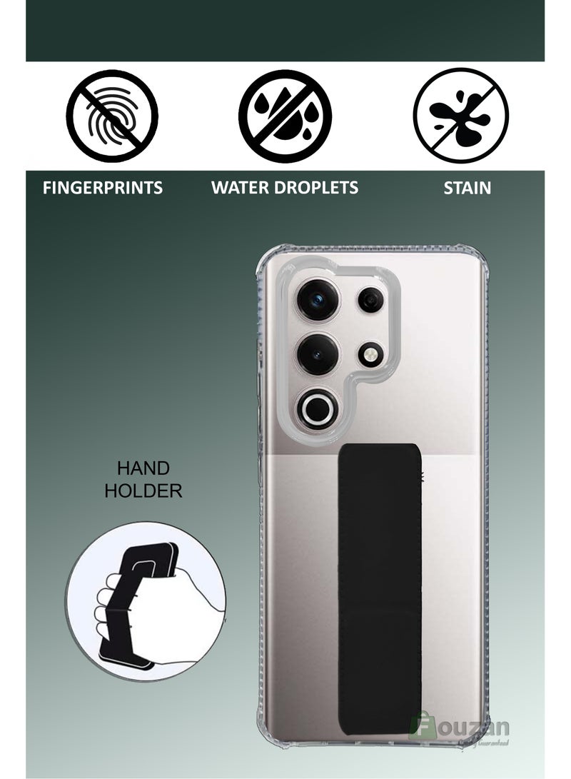 For Itel S25 Ultra - Transparent Shock Proof Silicone- Magnetic Case With Hand Grip Holder & Kickstand -Clear/Black  - Image 2