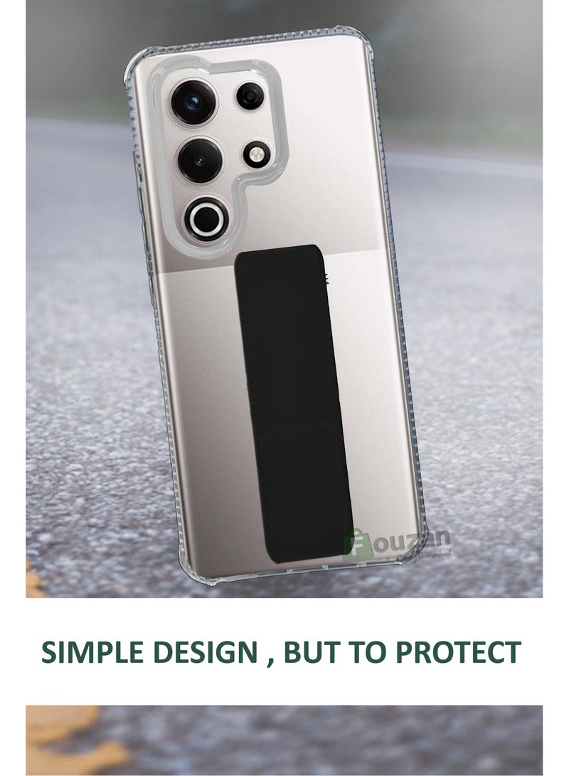 For Itel S25 Ultra - Transparent Shock Proof Silicone- Magnetic Case With Hand Grip Holder & Kickstand -Clear/Black  - Image 3