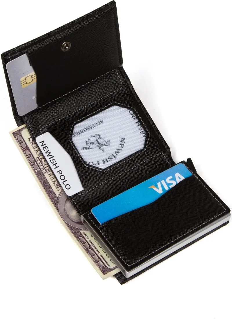 نيويش بولو Rfid-Enabled Mechanical Wallet Card Holder - Faux Leather