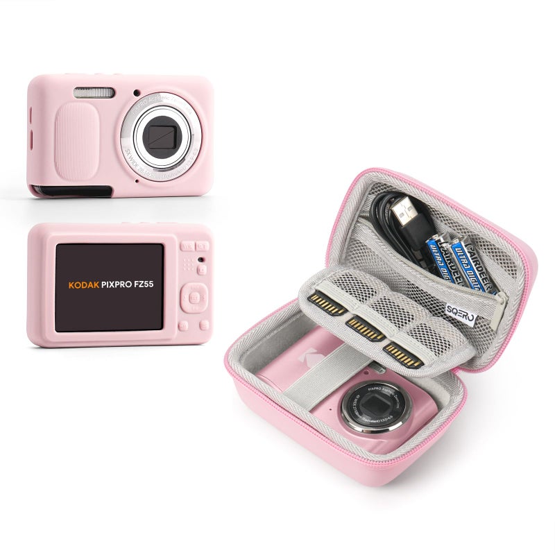SQERO Digital Camera Case for KODAK PIXPRO FZ55 - with Soft Silicone FZ55 Compact Travel Bag with 3 SD Card Slots,Small Lightweight Pouch, Cute Gifts for Adults Kids (Pink Set Z55) - Image 1