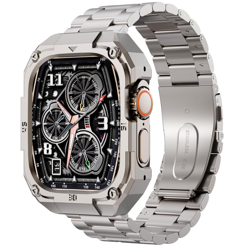 PanPinnacle Casual Stainless Steel Watch Case with Band Compatible with Apple Watch Series 11 10 46mm Band for Men,Metal Protective Bumper Cover iwatch Band with Strap,Titanium - Image 1