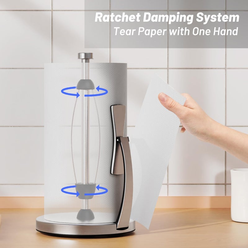 VEHHE Paper Towel Holder Countertop, Paper Towel Holder with Spring Activated Arm and Damping Effect, Simply Tear Paper Towel Stand for Bathroom and Kitchen (Silver) - Image 2