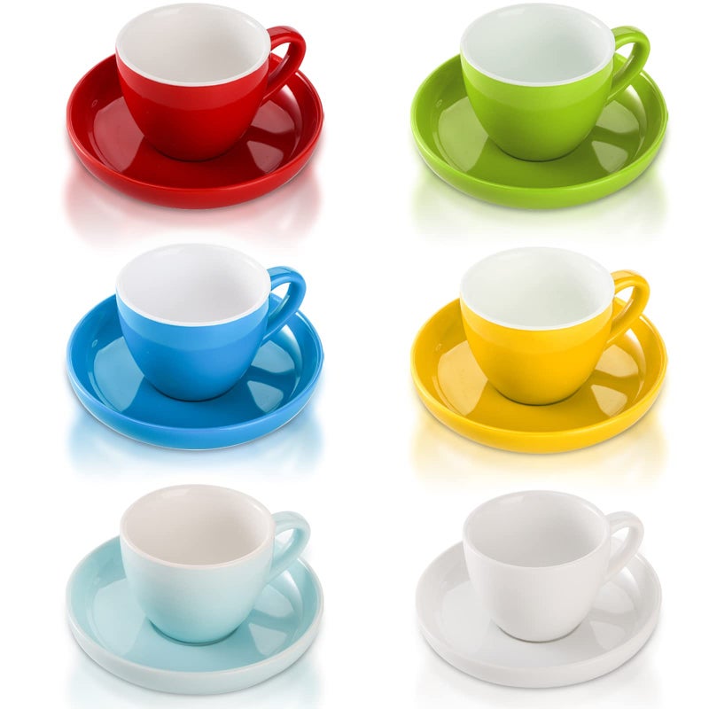 DEAYOU Set of 6 Espresso Cups with Saucers 3 Oz Tiny Porcelain Demitasse Cups Small Ceramic Espresso Shots Cup for Coffee Assorted Colors