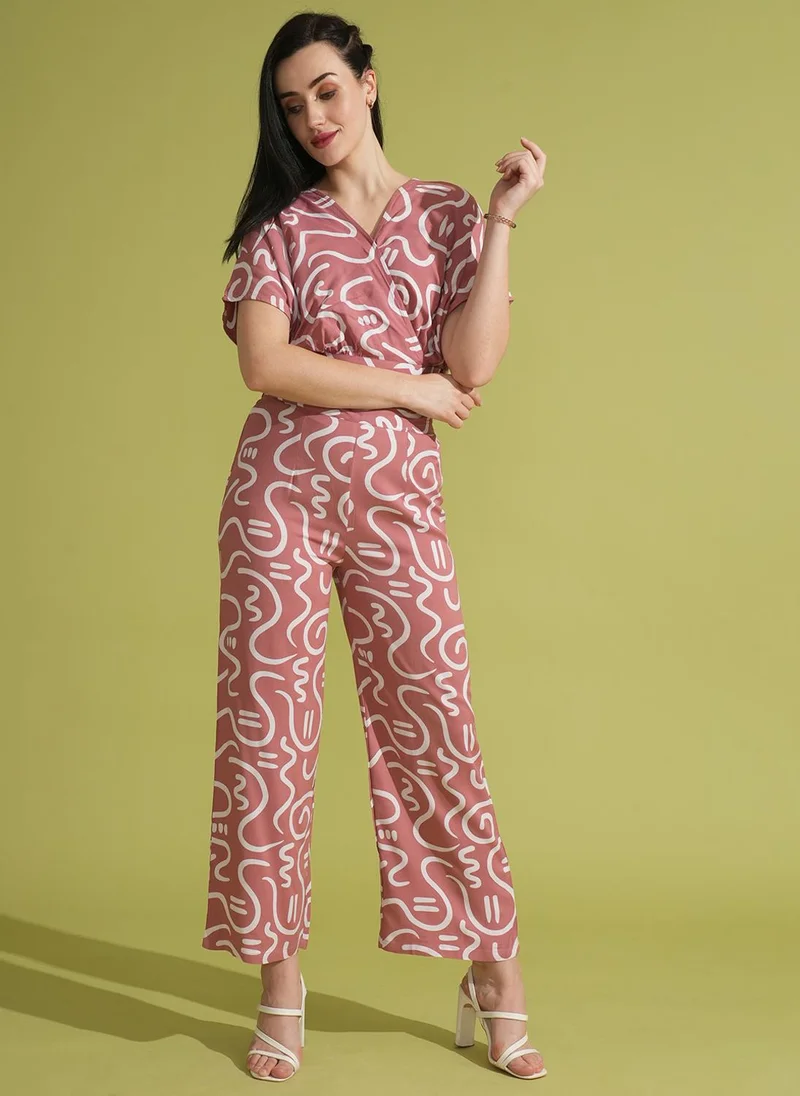 Globus Women Abstract Printed V-Neck Top With Trousers