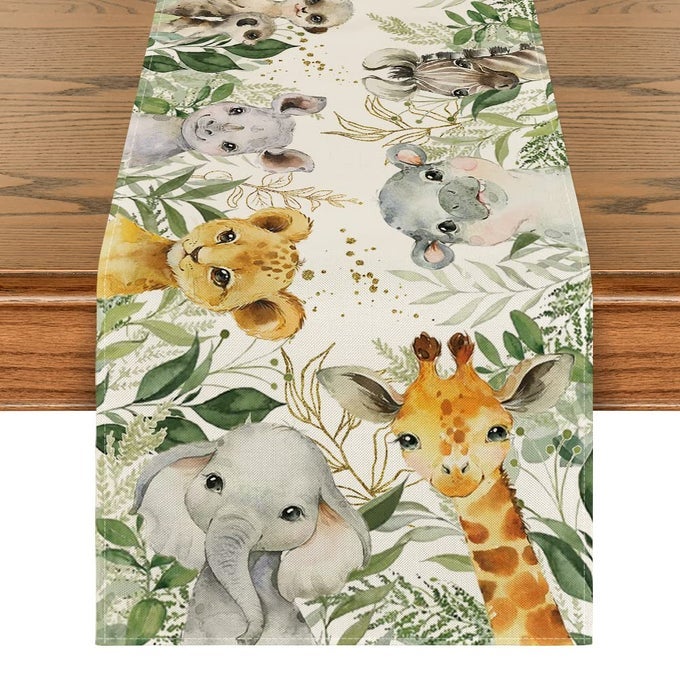 ANIMALS ELEPHANT GIRAFFE BABYSHOWER TABLE RUNNER SEASONAL SPRING SUMMER KITCHEN DINING TABLE FOR HOME PARTY DECOR 13X72 INCH