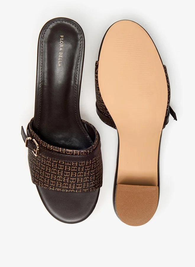 فلورا بيلا من شو إكسبرس Women Monogram Print Slip-On Sandals with Block Heels and Buckle Accent
