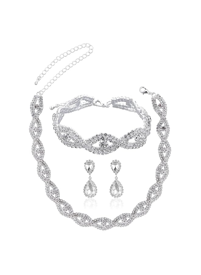 erorex Bridal Wedding Rhinestone Jewelery Set For Women Crystal Sparkly Rhinestone Dangle Necklace Earrings Set Gifts Wedding Engagement Bridesmaid Costume Dress Prom Jewelery Sets（4Pcs） - Image 1