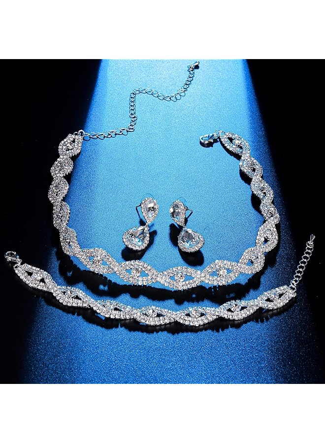 erorex Bridal Wedding Rhinestone Jewelery Set For Women Crystal Sparkly Rhinestone Dangle Necklace Earrings Set Gifts Wedding Engagement Bridesmaid Costume Dress Prom Jewelery Sets（4Pcs） - Image 4