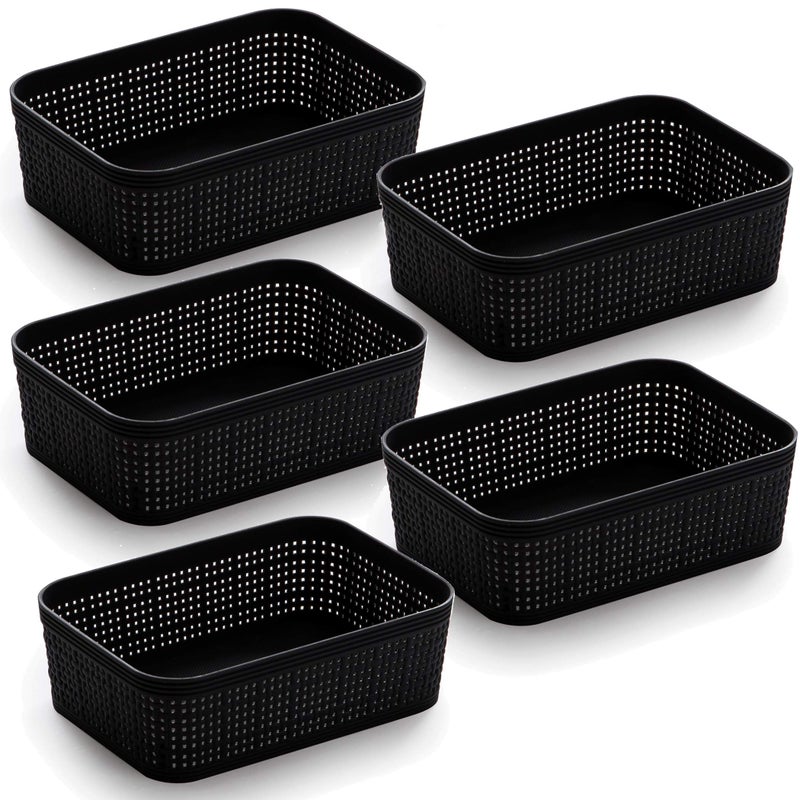 BINO | Woven Plastic Basket | XS (Black), 5-Pack | THE JUTE COLLECTION | Home Organization, Space - Saving Storage, Stylish Design | Jute Basket | Plastic Storage Basket - Image 1