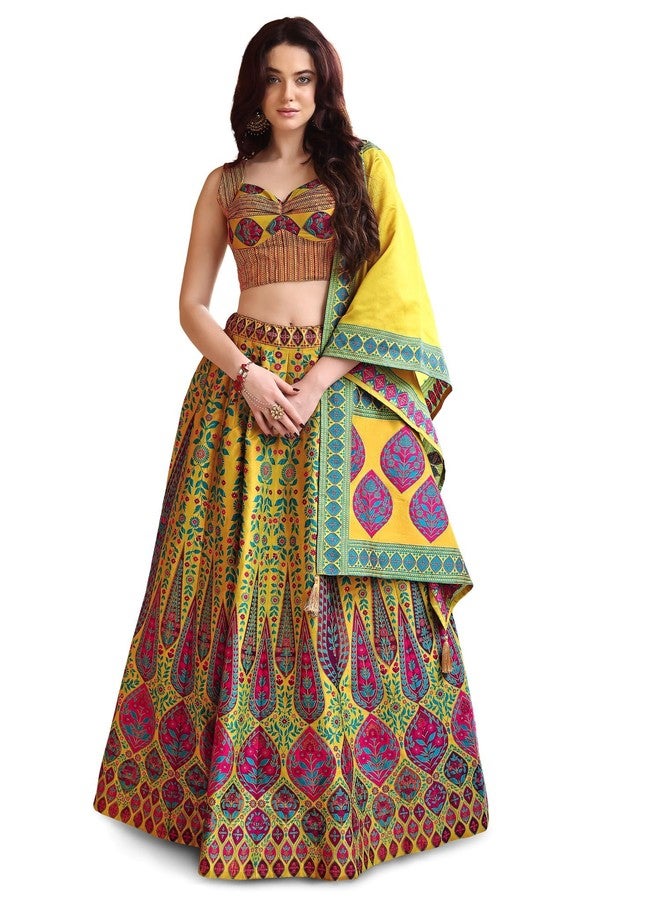 PURVAJA حريمي Kanjivaram شبه مخيطة Lehenga choli (Nayab-Lime_Lime_Free الحجم) - Image 1