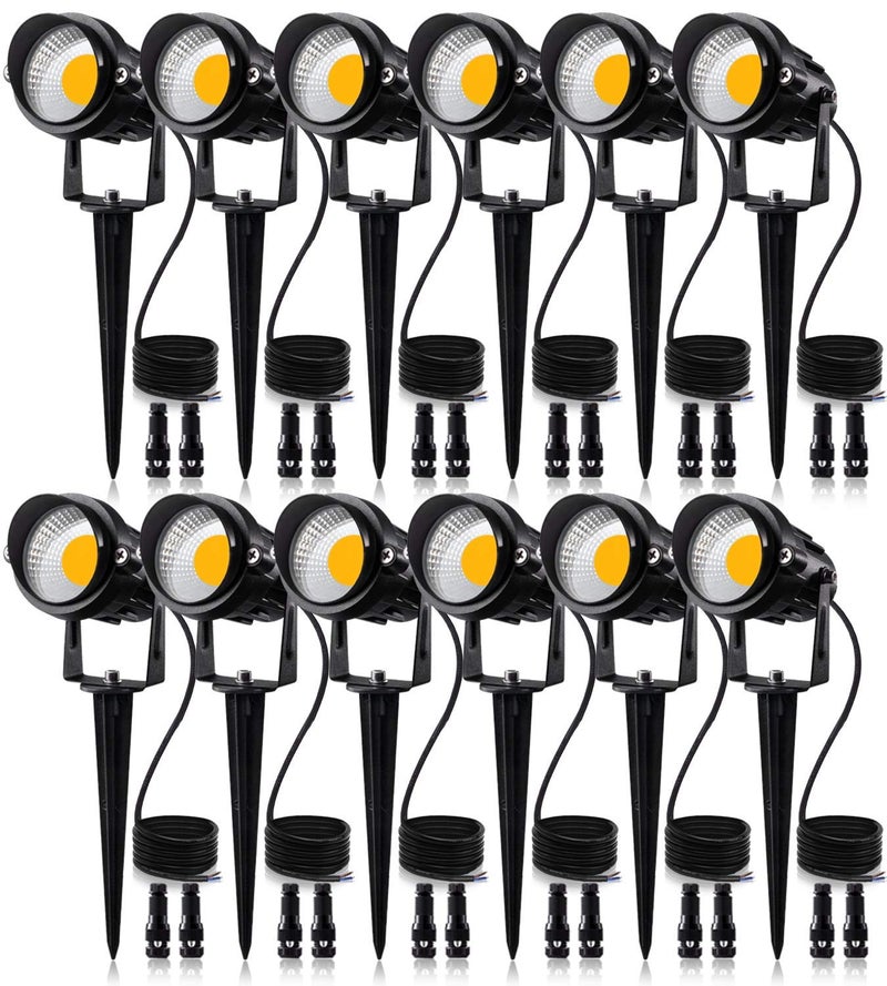 SUNVIE 12W Low Voltage LED Landscape Lights with Connectors, Outdoor 12V Super Warm White (900LM) Waterproof Garden Pathway Lights Wall Tree Flag Spotlights with Spike Stand (12 Pack with Connector) - Image 1