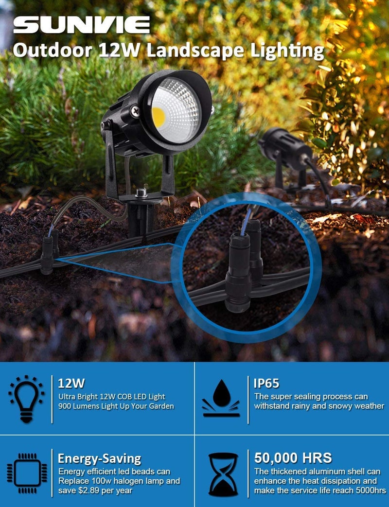 SUNVIE 12W Low Voltage LED Landscape Lights with Connectors, Outdoor 12V Super Warm White (900LM) Waterproof Garden Pathway Lights Wall Tree Flag Spotlights with Spike Stand (12 Pack with Connector) - Image 3