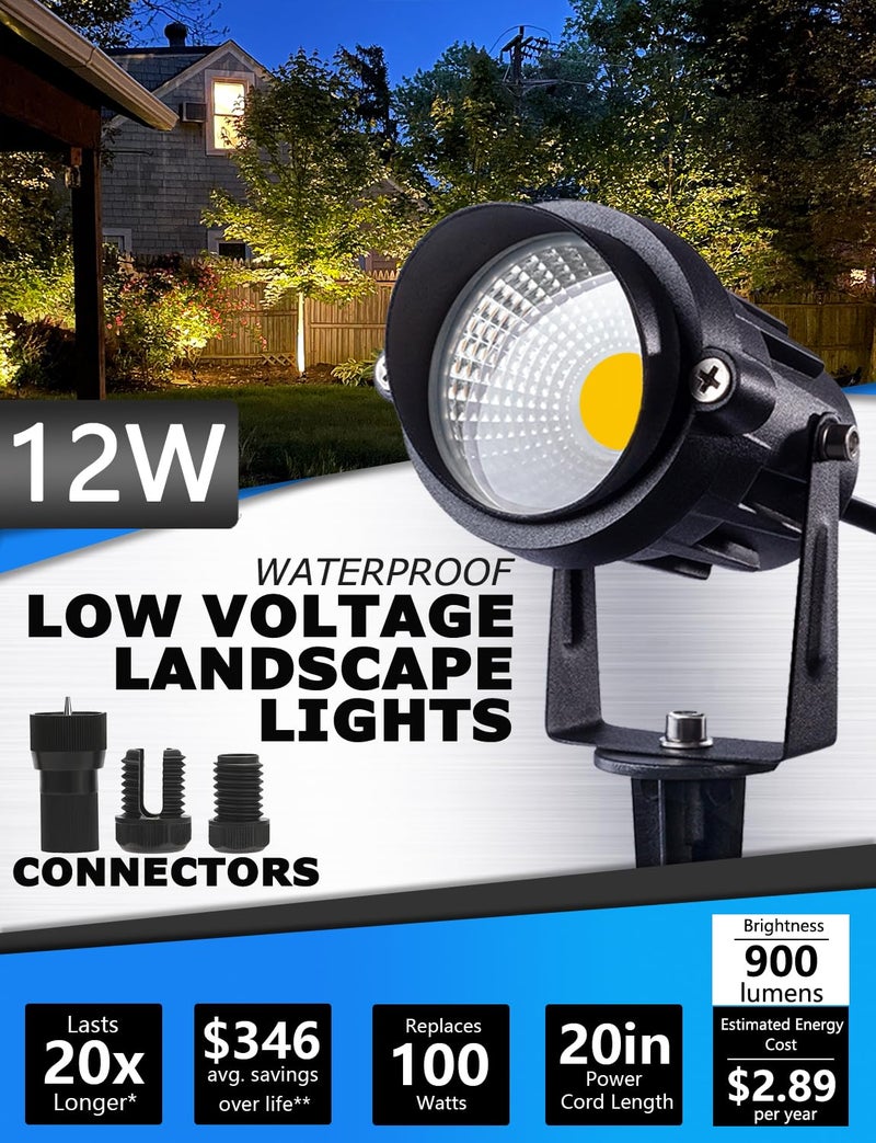 SUNVIE 12W Low Voltage LED Landscape Lights with Connectors, Outdoor 12V Super Warm White (900LM) Waterproof Garden Pathway Lights Wall Tree Flag Spotlights with Spike Stand (12 Pack with Connector) - Image 2