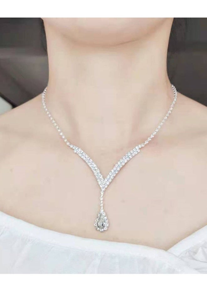 Bride Jewelry Set Silver Crystal Wedding Necklace Earrings Bridal Rhinestone Teardrop Pendant Accessories for Women and Bridesmaids (3PCS Set)  - Image 3