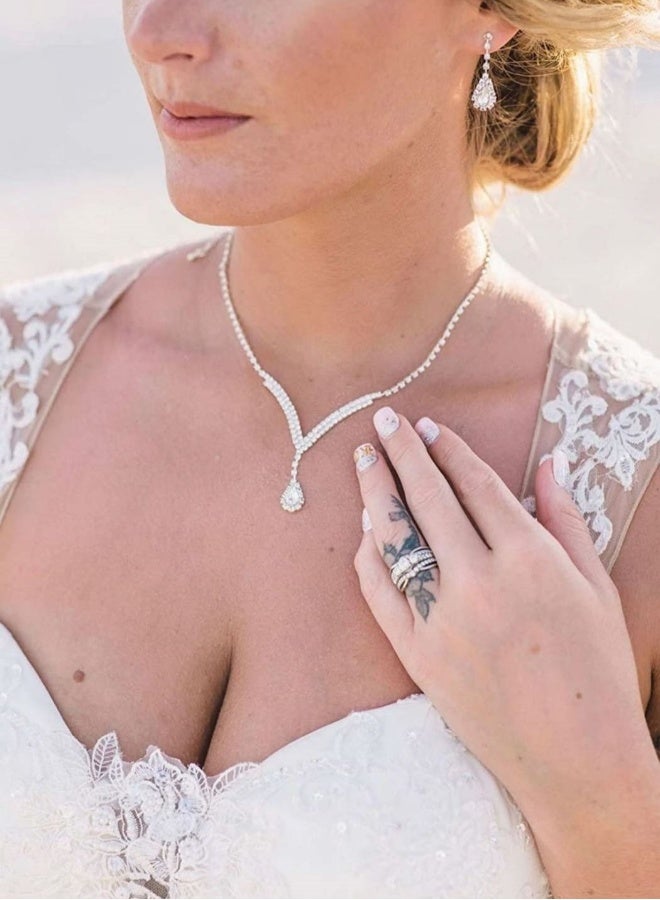 Bride Jewelry Set Silver Crystal Wedding Necklace Earrings Bridal Rhinestone Teardrop Pendant Accessories for Women and Bridesmaids (3PCS Set)  - Image 2
