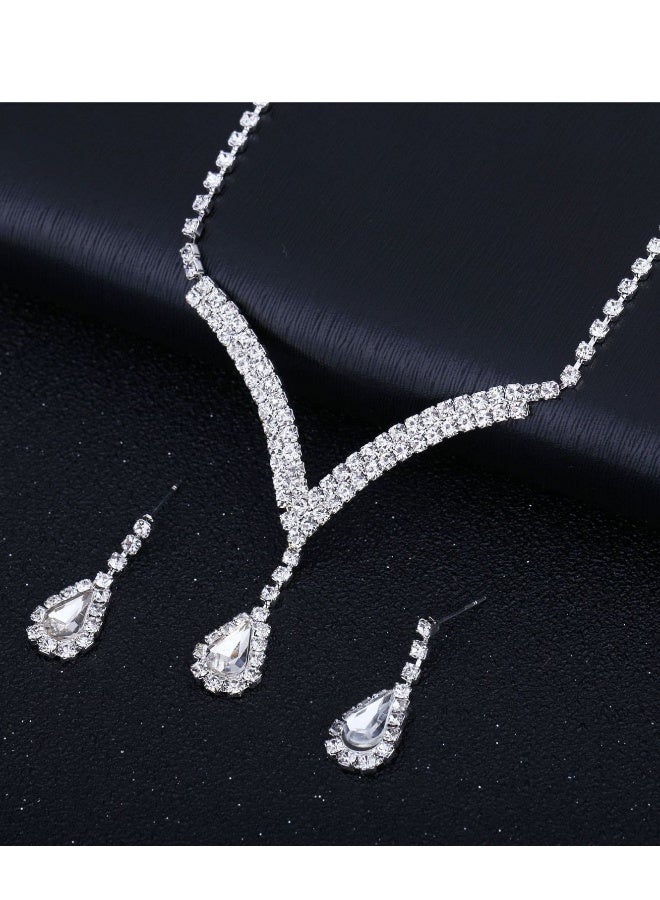 Bride Jewelry Set Silver Crystal Wedding Necklace Earrings Bridal Rhinestone Teardrop Pendant Accessories for Women and Bridesmaids (3PCS Set)  - Image 5